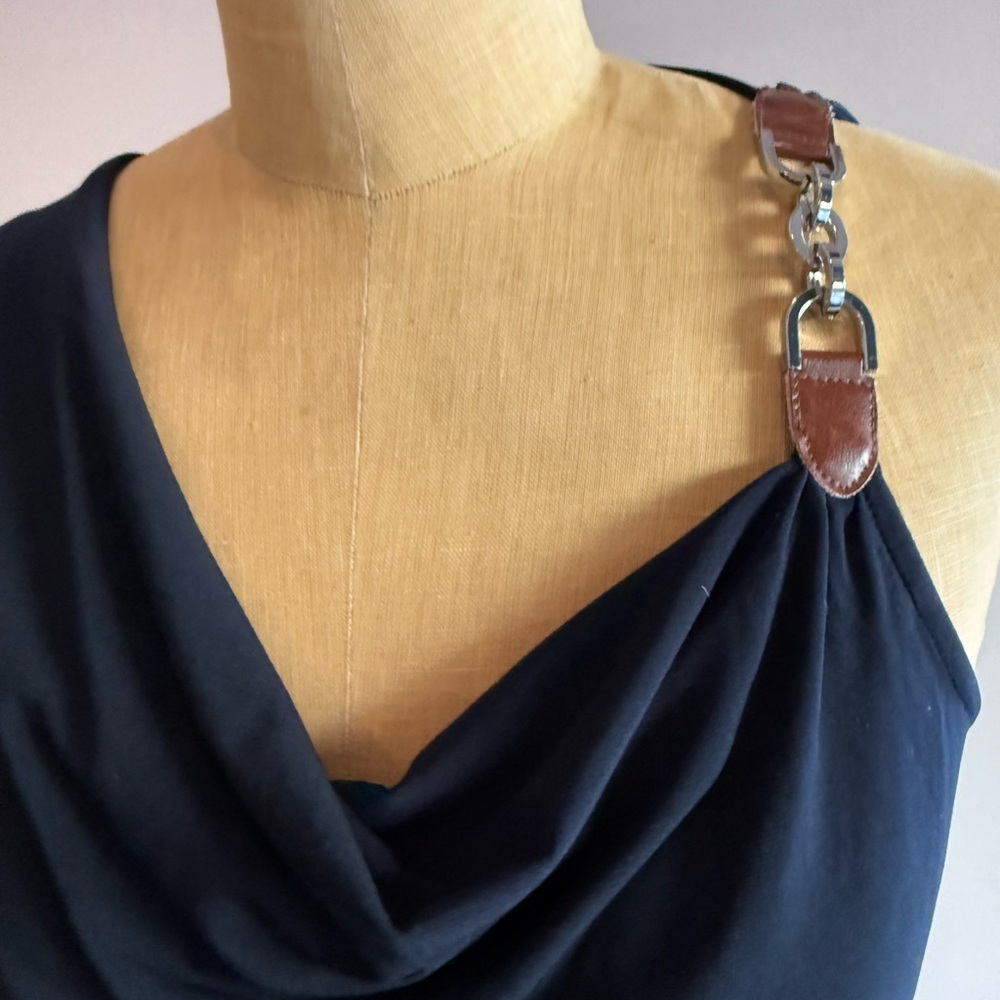 Michael Kors Asymmetric Black Women's Top, leather chain detail